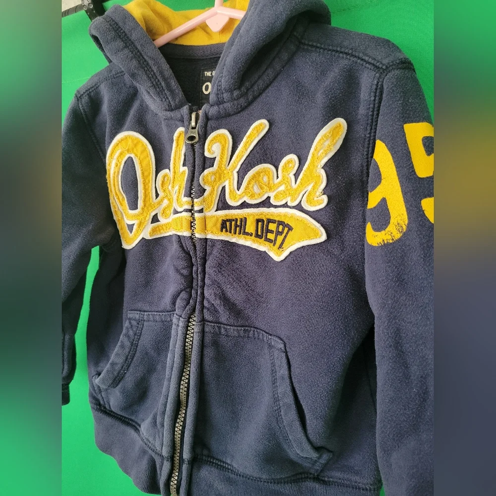 OshKosh B'gosh Hoodie Navy with Yellow Logo Jacket Boy Size 4 Toddler Zip-up